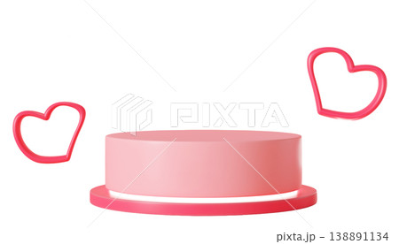 A round pedestal in pink color sits on a clear background. Two heart shapes float near the pedestal, creating a festive scene for Valentines Day product display 138891134