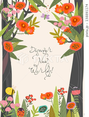 Cute Cartoon Frame with Blooming Trees and Plants 138891174