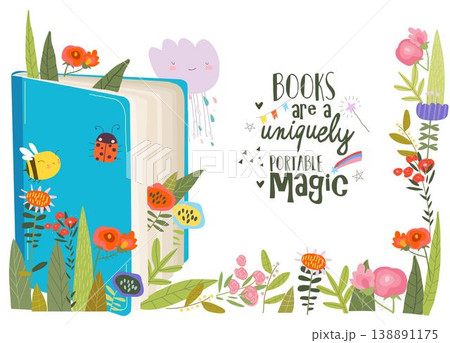 Cartoon Illustration of Open Book With Color Flowers 138891175