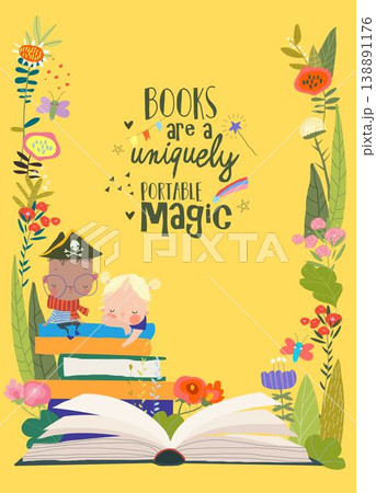 Cute Cartoon Children sitting on Stack of Books in Floral Frame 138891176