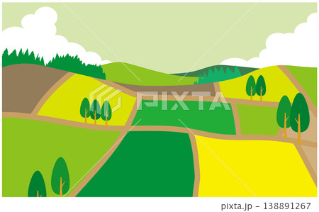 広がる畑と空のパノラマ背景イラスト 138891267