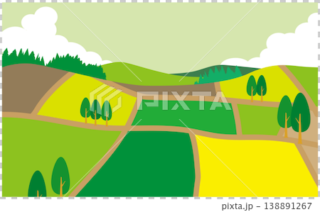 広がる畑と空のパノラマ背景イラスト 138891267