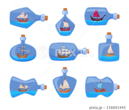 Ship in bottle. Mini figure of old style wooden ship for pirates exact vector sailor boats in transparent bottle 138891445