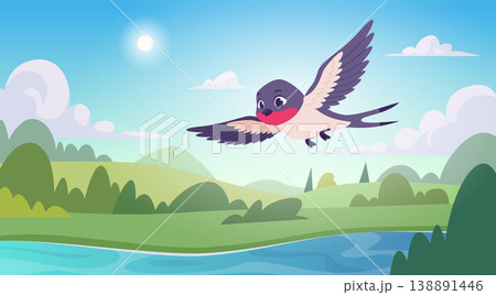 Swallows background. Blue sky landscape with flying swallows outdoor exact vector template Swallows background. Blue sky landscape with flying swallows outdoor exact vector template 138891446