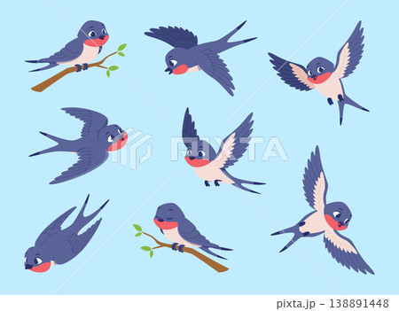 Swallows. Flying cartoon birds in sky exact vector swallows in action poses Swallows. Flying cartoon birds in sky exact vector swallows in action poses 138891448