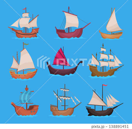 Pirate frigate. Ocean sail wooden boats exact vector ship set in cartoon style 138891451