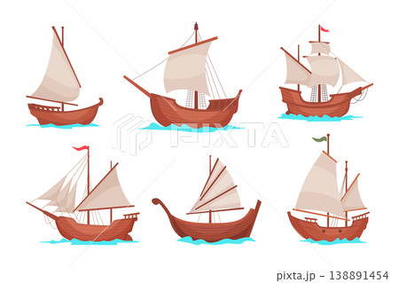 Wooden ships. Ancient old style wooden marine boats pirate ship and frigate exact vector ocean water transport 138891454