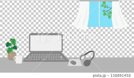A comfortable illustration of working from home (laptop by a window, monstera plant, headphones). A comfortable illustration of working from home (laptop by a window, monstera plant, headphones). 138891458