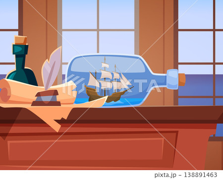 Ships cabin. captain ship interior with different marine attributes minifigure of ship in bottle 138891463