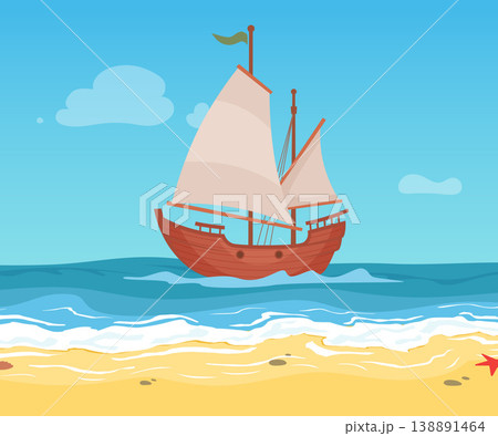 Ship. old wooden ship in the sea. vector cartoon background 138891464