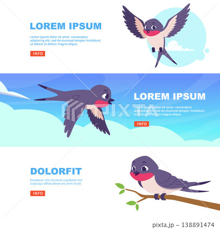 Bird swallow. horizontal banners with flying swallows. cartoon template with place for text 138891474