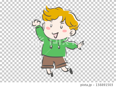一個穿著連帽衫的快樂男孩帶著笑容地跳躍著。 138891503