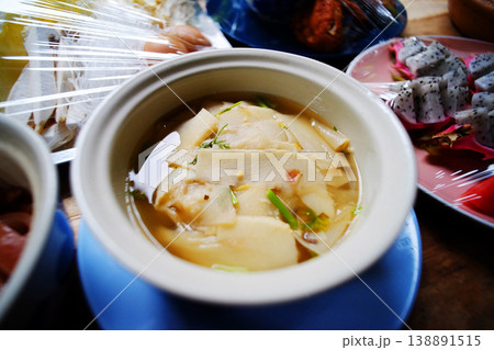 Fresh boiled Bamboo Shoots Soup in a white bowl 138891515