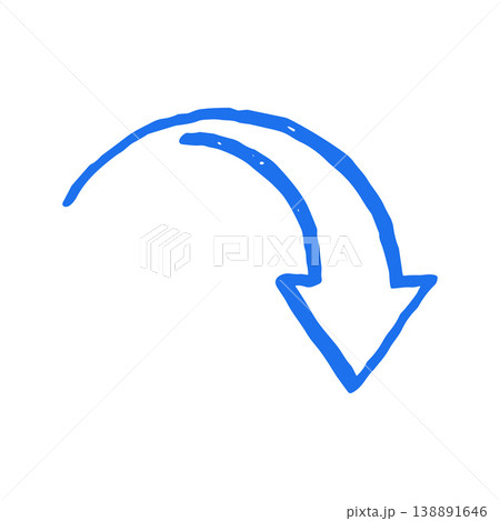 Curved Blue Arrow Hand Drawn Vector Illustration. Whimsical Doodle Pointer Icon With Grunge Texture Curved Blue Arrow Hand Drawn Vector Illustration. Whimsical Doodle Pointer Icon With Grunge Texture 138891646