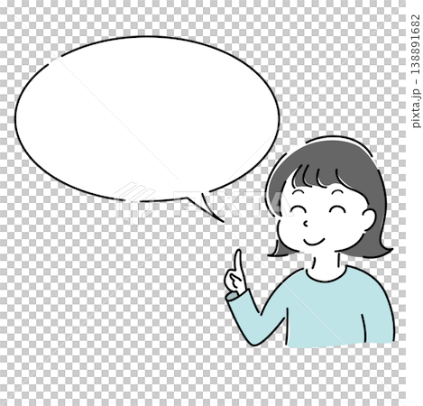 一個簡單的插圖，描繪了一位閉著眼睛、微笑、指點的女性（用於指導、解釋、要點、對話框和角色素材）。 138891682