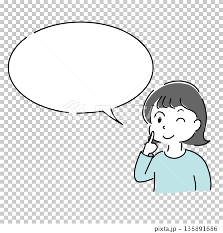 ウインクして説明する笑顔の女性のシンプルイラスト(吹き出し・案内・ポイント解説・人物素材) ウインクして説明する笑顔の女性のシンプルイラスト(吹き出し・案内・ポイント解説・人物素材) 138891686