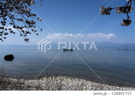 桜の咲く時期、沖島の西湖岸より琵琶湖を望む 桜の咲く時期、沖島の西湖岸より琵琶湖を望む 138891757