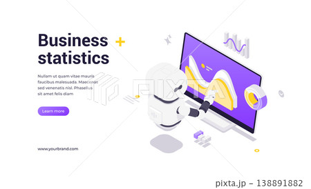 Artificial Intelligence Robot Pointing At Graph With Analytics And Digital Business Statistics Isometric 138891882
