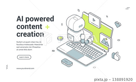 AI Powered Content Creation For Digital Marketing Isometric Banner Vector Illustration 138891920