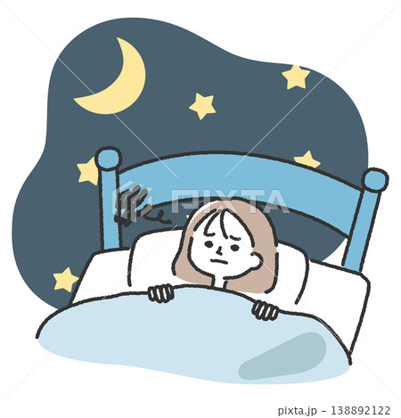 夜にベッドの中で眠れずに悶々と考え事をする若い女性のイラスト 138892122
