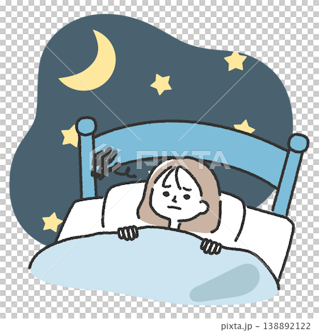 夜にベッドの中で眠れずに悶々と考え事をする若い女性のイラスト 138892122