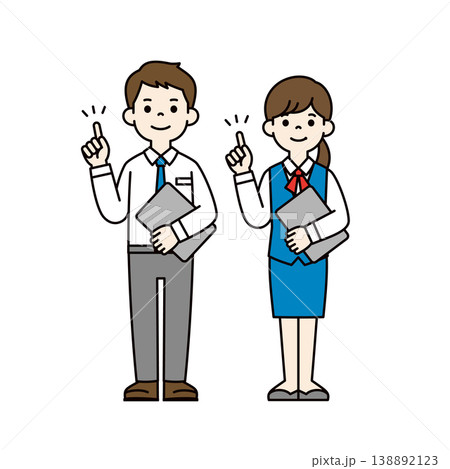 パソコンを片手に持ってポイントを説明する、男女の会社員の全身ベクターイラスト素材セット 138892123