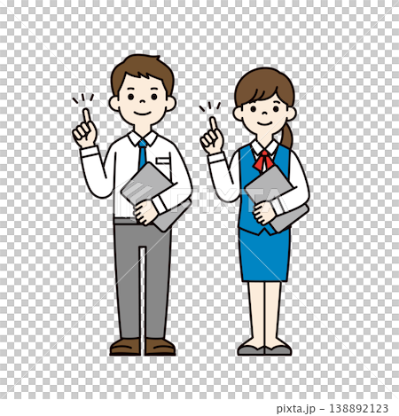 パソコンを片手に持ってポイントを説明する、男女の会社員の全身ベクターイラスト素材セット 138892123