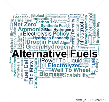 Alternative Fuels Word Cloud. A visual overview of renewable energy sources, hydrogen technology, advanced biofuels, and the technical pathways for global decarbonization. Alternative Fuels Word Cloud. A visual overview of renewable energy sources, hydrogen technology, advanced biofuels, and the technical pathways for global decarbonization. 138892145
