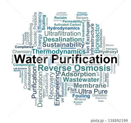 Water Purification Word Cloud. A visual overview of industrial water treatment, membrane science, chemical disinfection, and resource recovery technologies used in modern infrastructure. Water Purification Word Cloud. A visual overview of industrial water treatment, membrane science, chemical disinfection, and resource recovery technologies used in modern infrastructure. 138892199