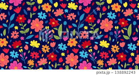 Seamless pattern with bright colorful flowers on dark blue background flat vector illustration for textile, wallpaper, wrapping paper and home decor Seamless pattern with bright colorful flowers on dark blue background flat vector illustration for textile, wallpaper, wrapping paper and home decor 138892243