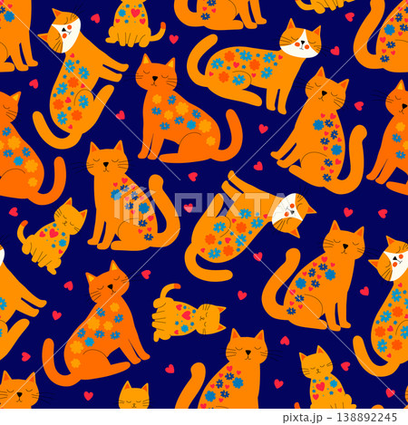 Funny hand drawn kittens with blooming flowers, vibrant pet animal seamless background for social media content and playful stationery design Funny hand drawn kittens with blooming flowers, vibrant pet animal seamless background for social media content and playful stationery design 138892245