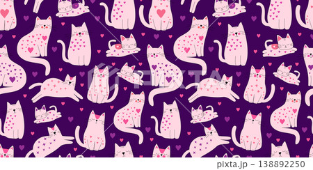 Adorable kitten characters with heart ornaments and stars, whimsical seamless repeat pattern for nursery textile and romantic gift wrapping paper Adorable kitten characters with heart ornaments and stars, whimsical seamless repeat pattern for nursery textile and romantic gift wrapping paper 138892250