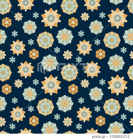 Seamless pattern with vintage floral mandalas and folk ornaments on dark blue background, elegant ethnic style vector illustration for textile and branding Seamless pattern with vintage floral mandalas and folk ornaments on dark blue background, elegant ethnic style vector illustration for textile and branding 138892251