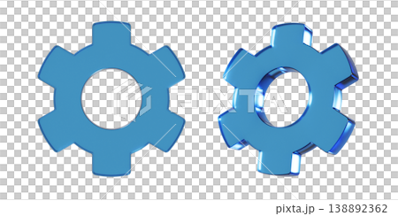A 3D illustration of a simple, flat gear icon. The mark has a translucent, blue, glass-like texture. A 3D illustration of a simple, flat gear icon. The mark has a translucent, blue, glass-like texture. 138892362