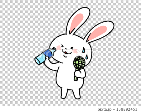 Heatstroke prevention: A rabbit stays cool by staying hydrated and using a portable fan. Heatstroke prevention: A rabbit stays cool by staying hydrated and using a portable fan. 138892453