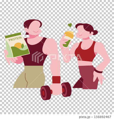 Men and women enjoy matcha-flavored protein during breaks in their training and exercise. Men and women enjoy matcha-flavored protein during breaks in their training and exercise. 138892467