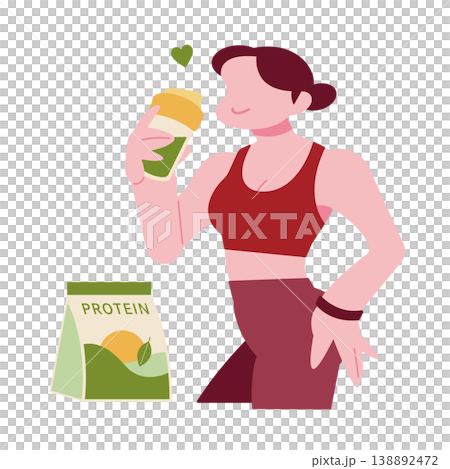 A woman enjoys matcha-flavored protein during breaks from training and exercise. A woman enjoys matcha-flavored protein during breaks from training and exercise. 138892472