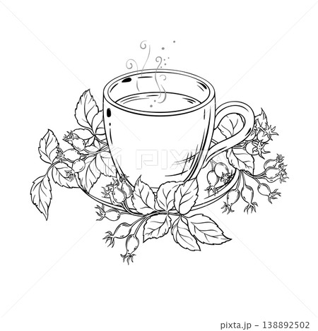 Cup of Wild Rose Tea Outline Illustration. Cup of Wild Rose Tea Outline Illustration. 138892502