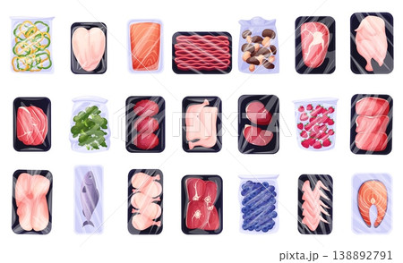 Frozen food. Plastic packaging meat, fish, seafood, vegetables, berries for fridge, for supermarket. Preparing ingredients for cooking, mushroom, sausages, nowaday vector set Frozen food. Plastic packaging meat, fish, seafood, vegetables, berries for fridge, for supermarket. Preparing ingredients for cooking, mushroom, sausages, nowaday vector set 138892791
