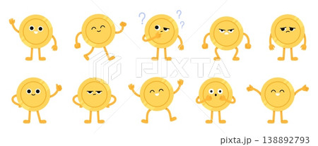 Money coin character. Gold coins various poses and emotions. Funny yellow character angry, happy, confused. Financial banking elements, racy vector clipart Money coin character. Gold coins various poses and emotions. Funny yellow character angry, happy, confused. Financial banking elements, racy vector clipart 138892793