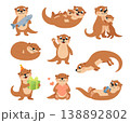Cartoon funny otters. Adorable otter with child, holding box and fish, heart and mussel. Cute water river animals, childish mascots, classy vector characters 138892802