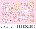 Kawaii girly stickers. Stylish characters design for prints. Cartoon rainbow, clouds, unicorn, teddy bear. Ice cream and coffee cup, kitten face, tidy vector clipart 138892803