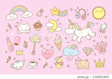 Kawaii girly stickers. Stylish characters design for prints. Cartoon rainbow, clouds, unicorn, teddy bear. Ice cream and coffee cup, kitten face, tidy vector clipart Kawaii girly stickers. Stylish characters design for prints. Cartoon rainbow, clouds, unicorn, teddy bear. Ice cream and coffee cup, kitten face, tidy vector clipart 138892803