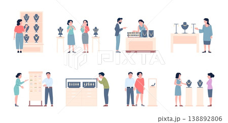 People in jewelry store. Male female flat characters bying and choosing gold silver accessories. Couple choose golden ring, recent vector scenes People in jewelry store. Male female flat characters bying and choosing gold silver accessories. Couple choose golden ring, recent vector scenes 138892806