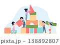 Kids building with blocks together. Training in teamwork, interaction in studies and work for children. Kindergarten preschool educational workshop, recent vector scene 138892807