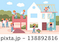 Kids building house site. Children play with construction tools. Educational professional playground to get acquainted with work, recent vector scene 138892816
