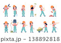 Children builders. Little kids with different construction tools. Child in helmet and overalls plays builder, paints wall, carries boards, recent vector characters 138892818