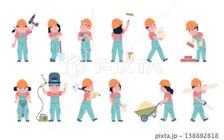 Children builders. Little kids with different construction tools. Child in helmet and overalls plays builder, paints wall, carries boards, recent vector characters 138892818