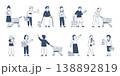 Doodle people in supermarket. Men women with shopping carts and products. Buying food, drinks, vegetables. Customers holds paper bags, recent vector set 138892819