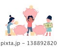 Children saving money. Cute kids with piggy banks and gold coins piles. Financial literacy, banking and savings. Investments in future, recent vector scene 138892820
